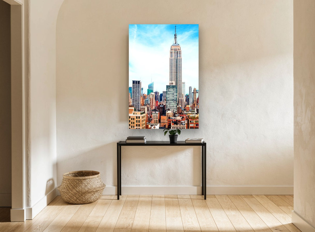 Empire State Rising city canvas print on the wall of a hallway