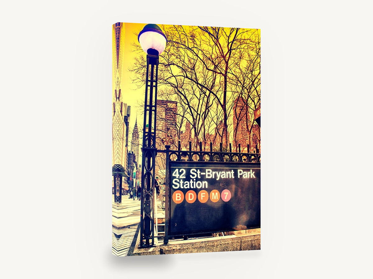 Bryant Park Subway Sign, new york bryant park subway station photograph, city canvas wall art print ready to hang
