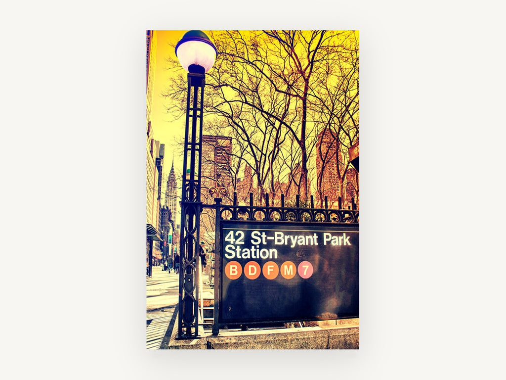 Bryant Park Subway Sign, new york bryant park subway station photograph, city canvas wall art print, front view
