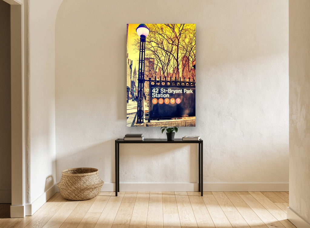 Bryant Park Subway Sign city canvas print on the wall of a hallway