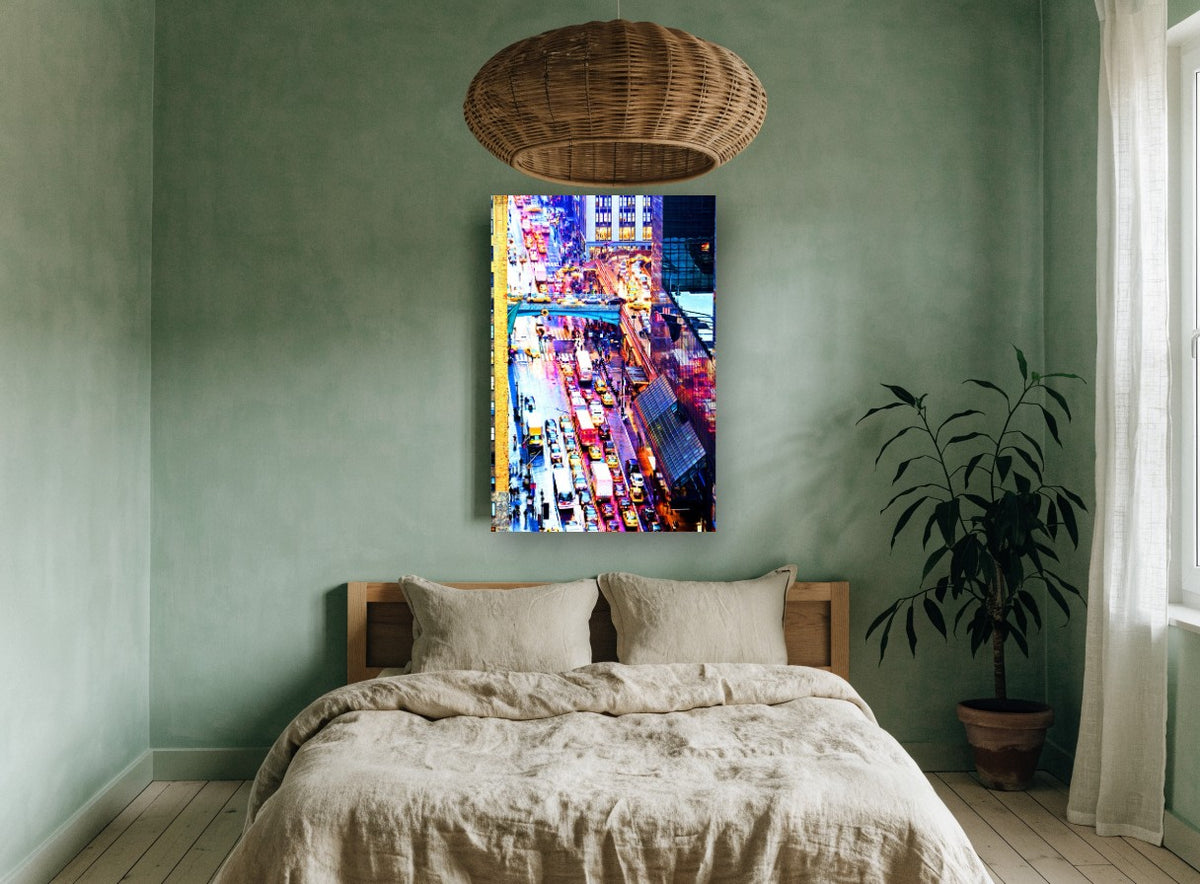 Wet Rush Hour city canvas print on the wall of a bedroom