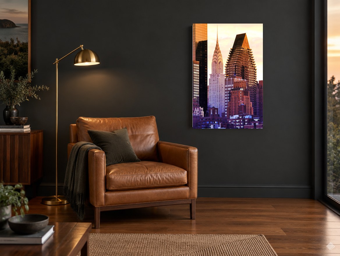 Chrysler at Golden Hour city canvas print on the wall of a charcoal living room