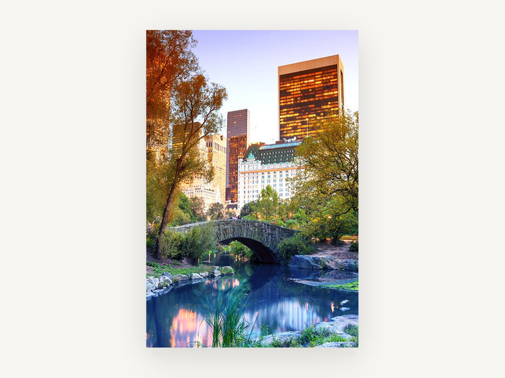 Gapstow Bridge Dusk, central park stone bridge at dusk photograph, city canvas wall art print, front view