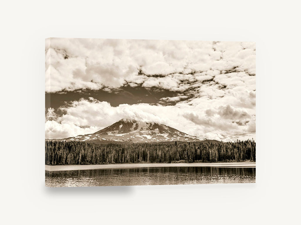 Sepia Peak Over Lake, sepia mountain lake forest photograph, landscape canvas wall art print ready to hang