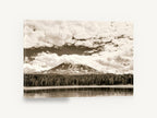 Sepia Peak Over Lake, sepia mountain lake forest photograph, landscape canvas wall art print ready to hang