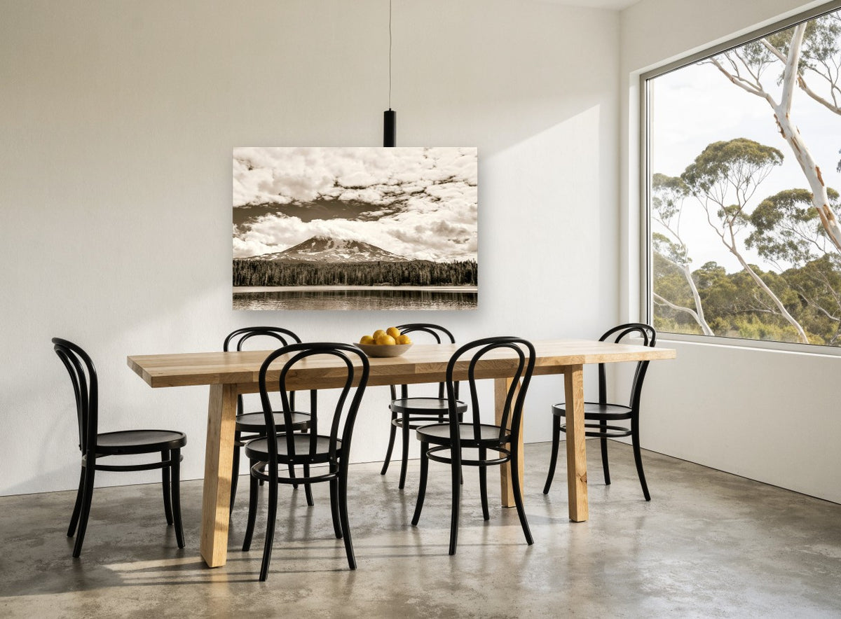 Sepia Peak Over Lake landscape canvas print on the wall of a dining room