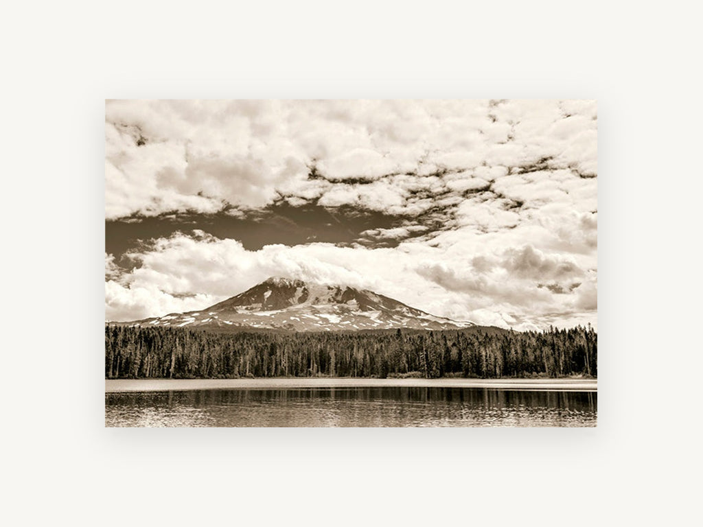 Sepia Peak Over Lake, sepia mountain lake forest photograph, landscape canvas wall art print, front view