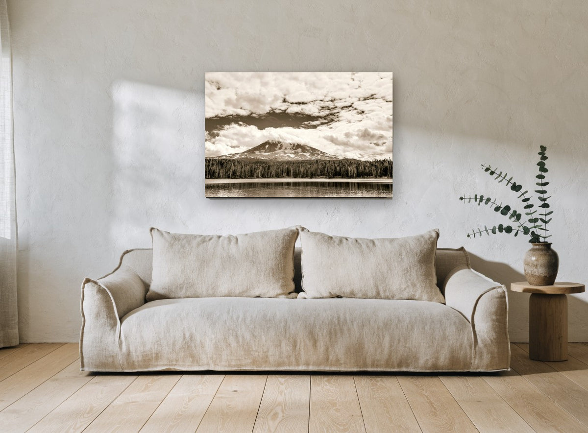 Sepia Peak Over Lake landscape canvas print on the wall of a living room