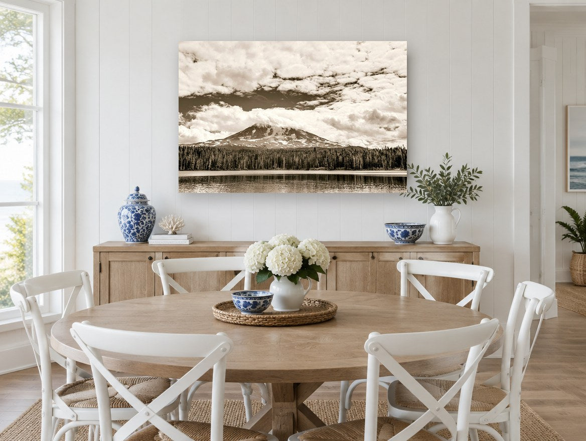 Sepia Peak Over Lake landscape canvas print on the wall of a Hamptons dining room