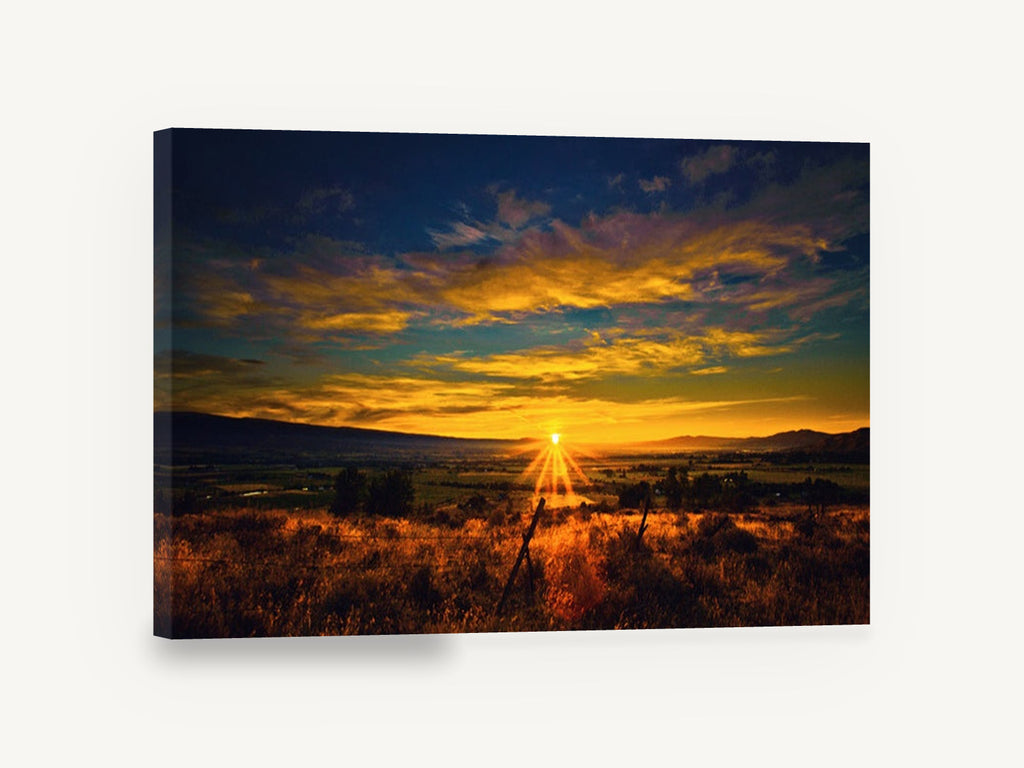 Valley Sunburst, golden sunset over valley pasture, landscape canvas wall art print ready to hang