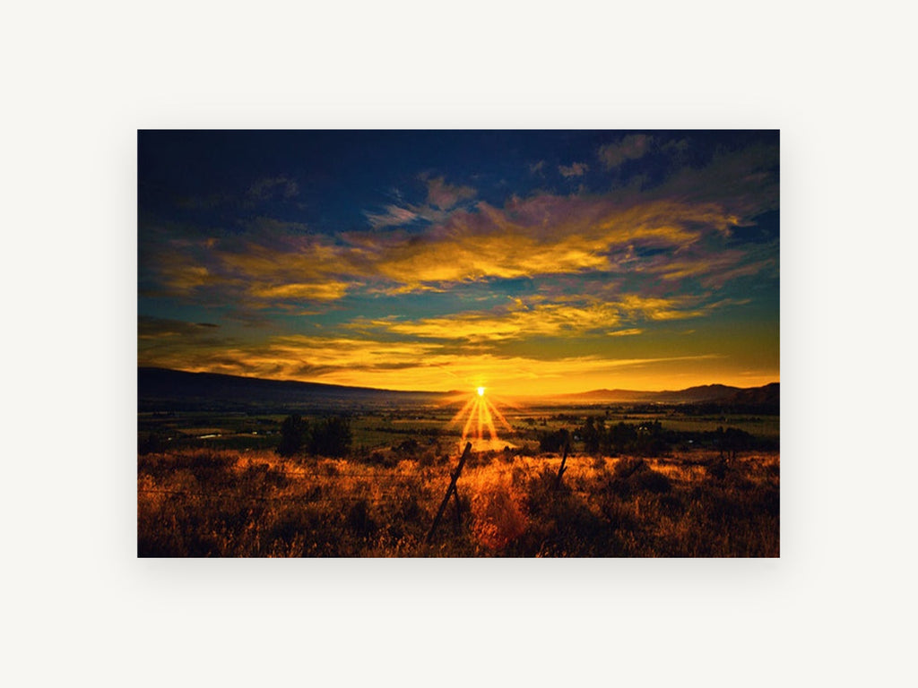 Valley Sunburst, golden sunset over valley pasture, landscape canvas wall art print, front view