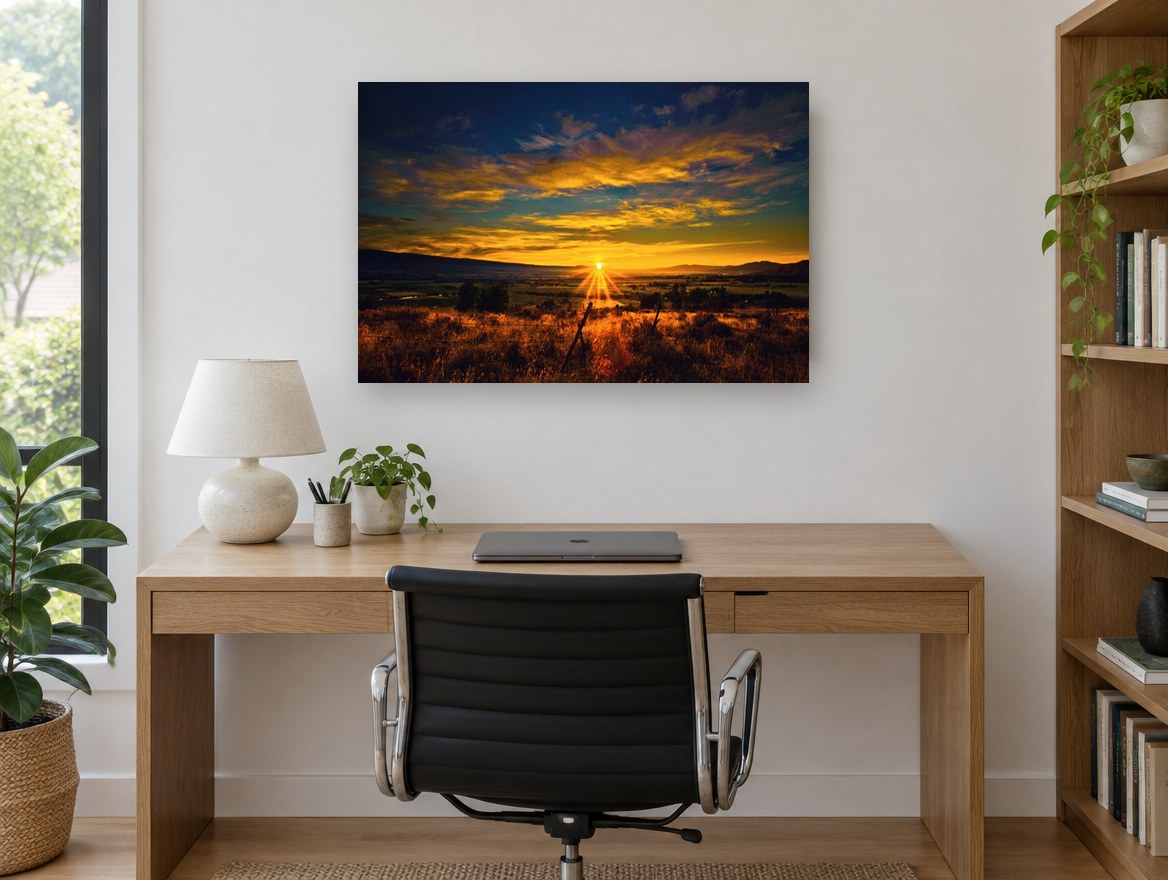 Valley Sunburst landscape canvas print on the wall of a study