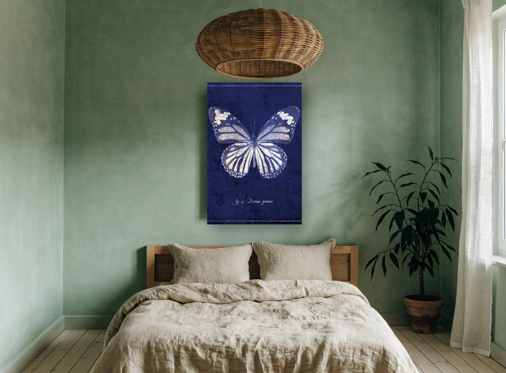 Indigo Tiger Wings animal canvas print on the wall of a bedroom