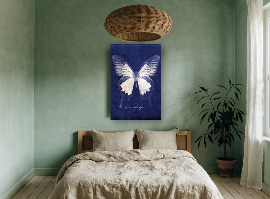 Midnight Ulysses Butterfly animal canvas print on the wall of a bedroom