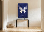 Midnight Ulysses Butterfly animal canvas print on the wall of a hallway