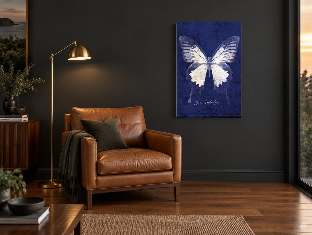 Midnight Ulysses Butterfly animal canvas print on the wall of a charcoal living room