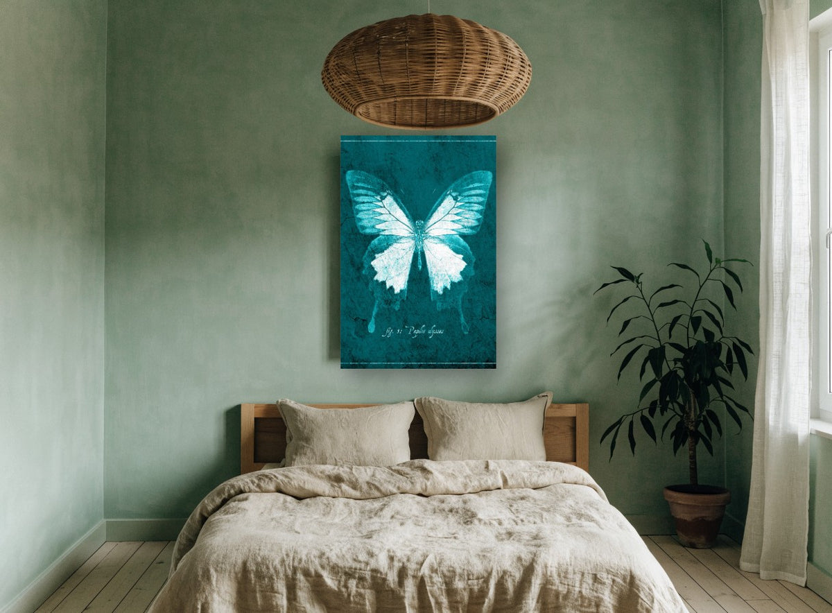 Teal Ulysses Butterfly animal canvas print on the wall of a bedroom