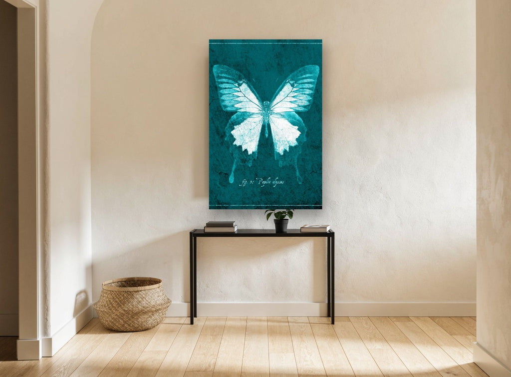 Teal Ulysses Butterfly animal canvas print on the wall of a hallway