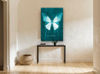 Teal Ulysses Butterfly animal canvas print on the wall of a hallway