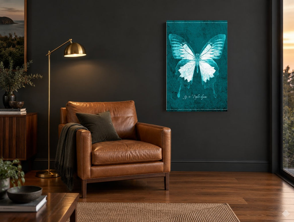 Teal Ulysses Butterfly animal canvas print on the wall of a charcoal living room