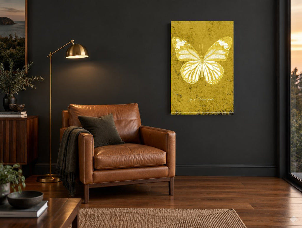 Golden Tiger Butterfly animal canvas print on the wall of a charcoal living room