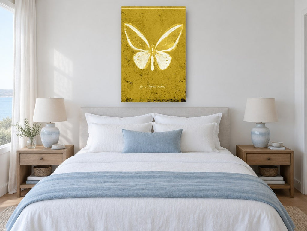 Ochre Butterfly Plate animal canvas print on the wall of a bedroom