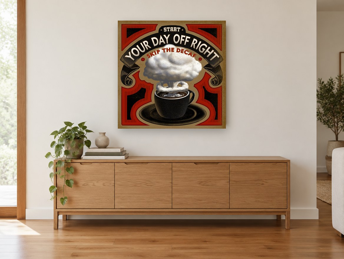 Decaf Blast Coffee Poster kitchen canvas print on the wall of a living room above a sideboard