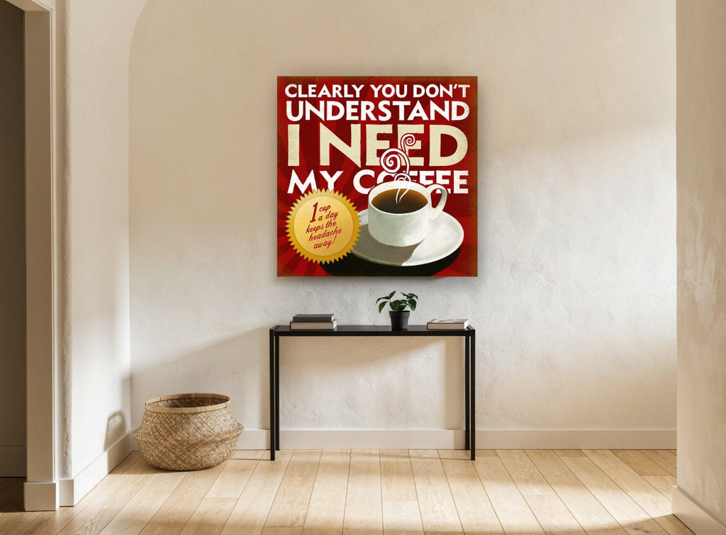 Coffee Headache Cure kitchen canvas print on the wall of a hallway