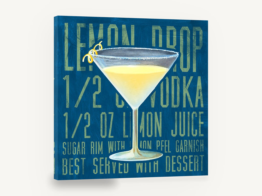 Sugar Rim Lemon Drop, lemon drop martini cocktail typography, kitchen canvas wall art print ready to hang