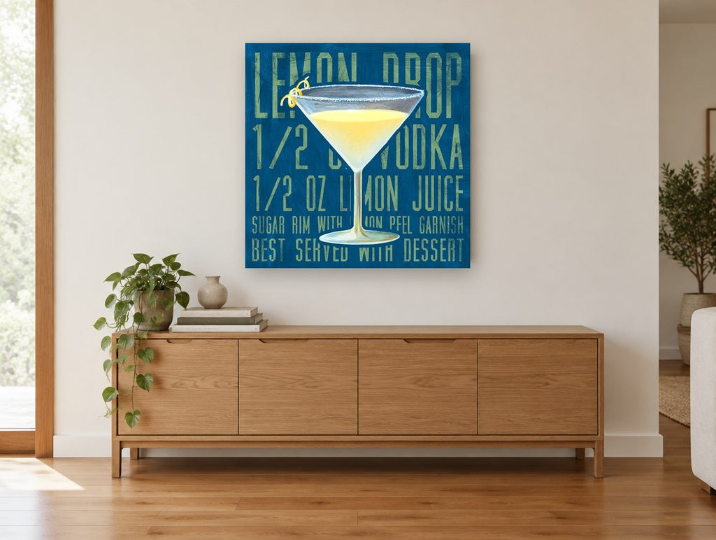 Sugar Rim Lemon Drop kitchen canvas print on the wall of a living room above a sideboard