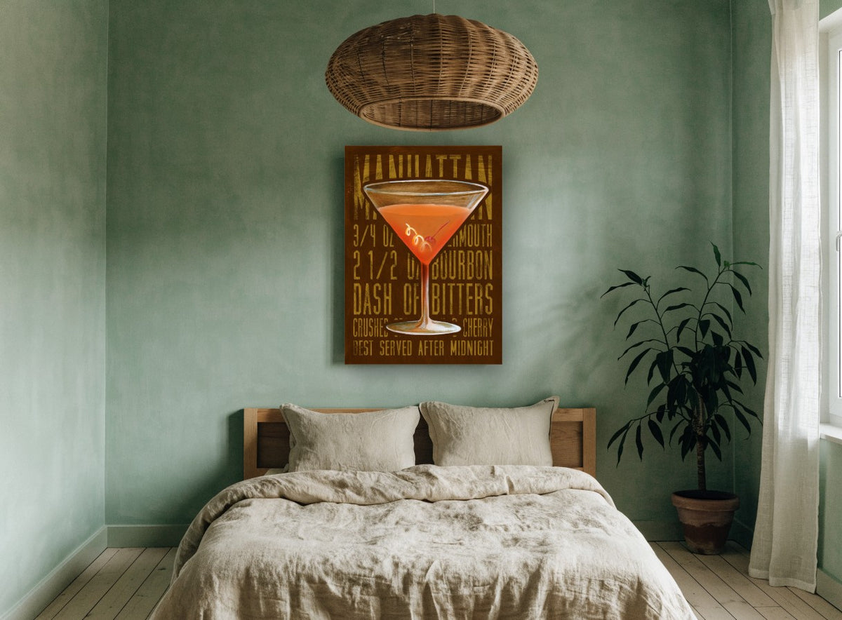 Manhattan After Midnight vintage canvas print on the wall of a bedroom