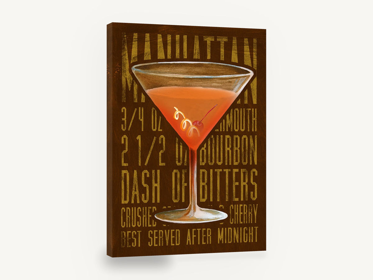 Manhattan After Midnight, retro manhattan cocktail typography, stretched canvas wall art print ready to hang