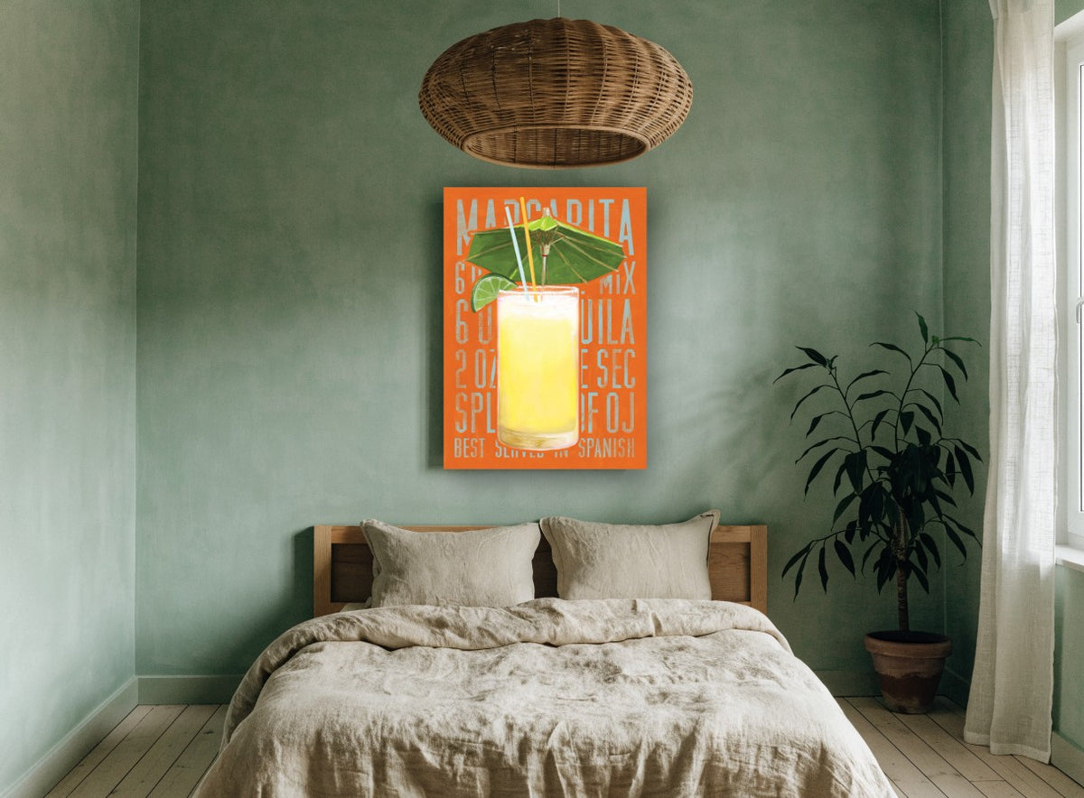Margarita Recipe Poster vintage canvas print on the wall of a bedroom