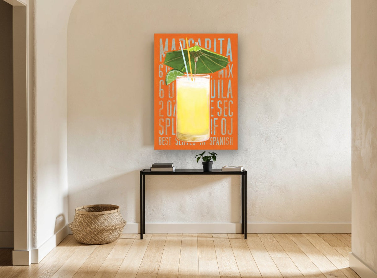Margarita Recipe Poster vintage canvas print on the wall of a hallway