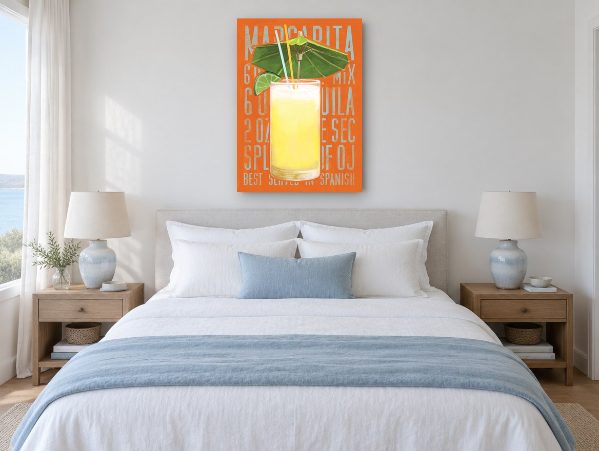 Margarita Recipe Poster vintage canvas print on the wall of a coastal bedroom