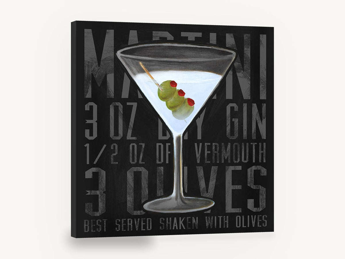 Shaken Martini Recipe, martini cocktail typography bar kitchen, kitchen canvas wall art print ready to hang