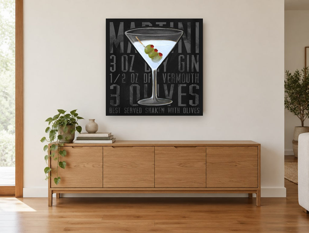 Shaken Martini Recipe kitchen canvas print on the wall of a living room above a sideboard