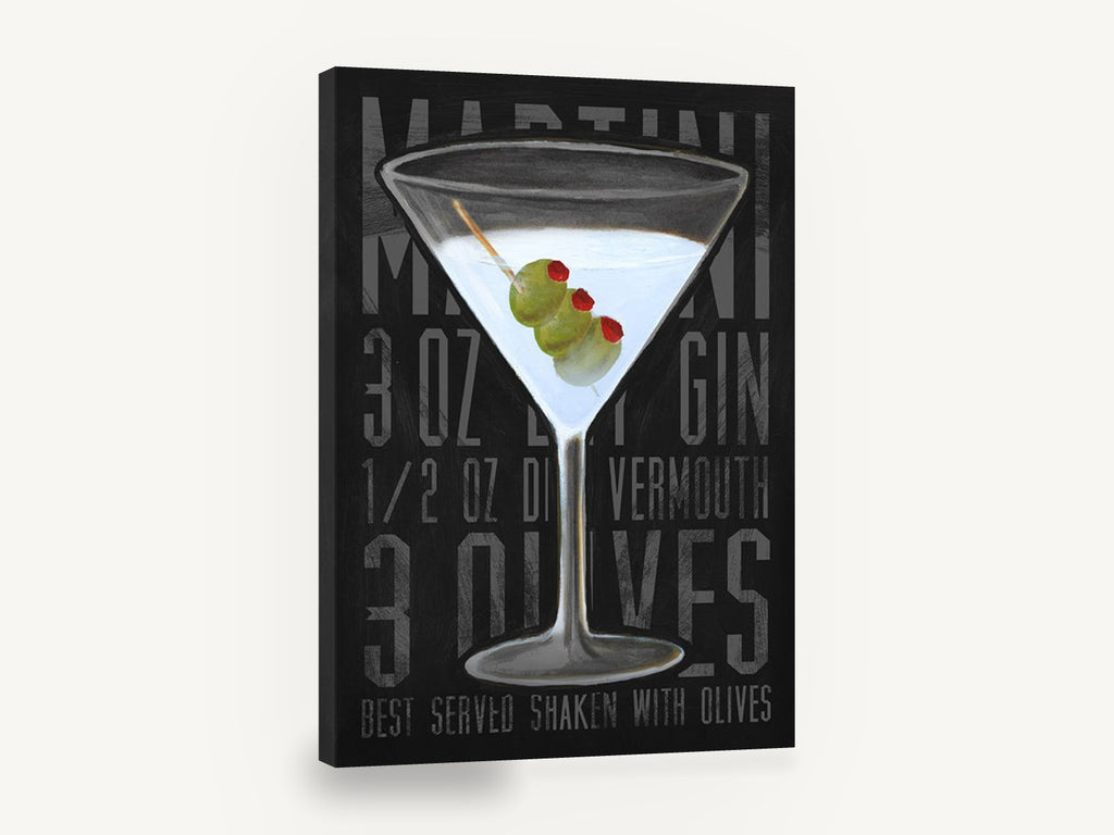 Three Olive Martini, retro martini cocktail recipe poster, stretched canvas wall art print ready to hang