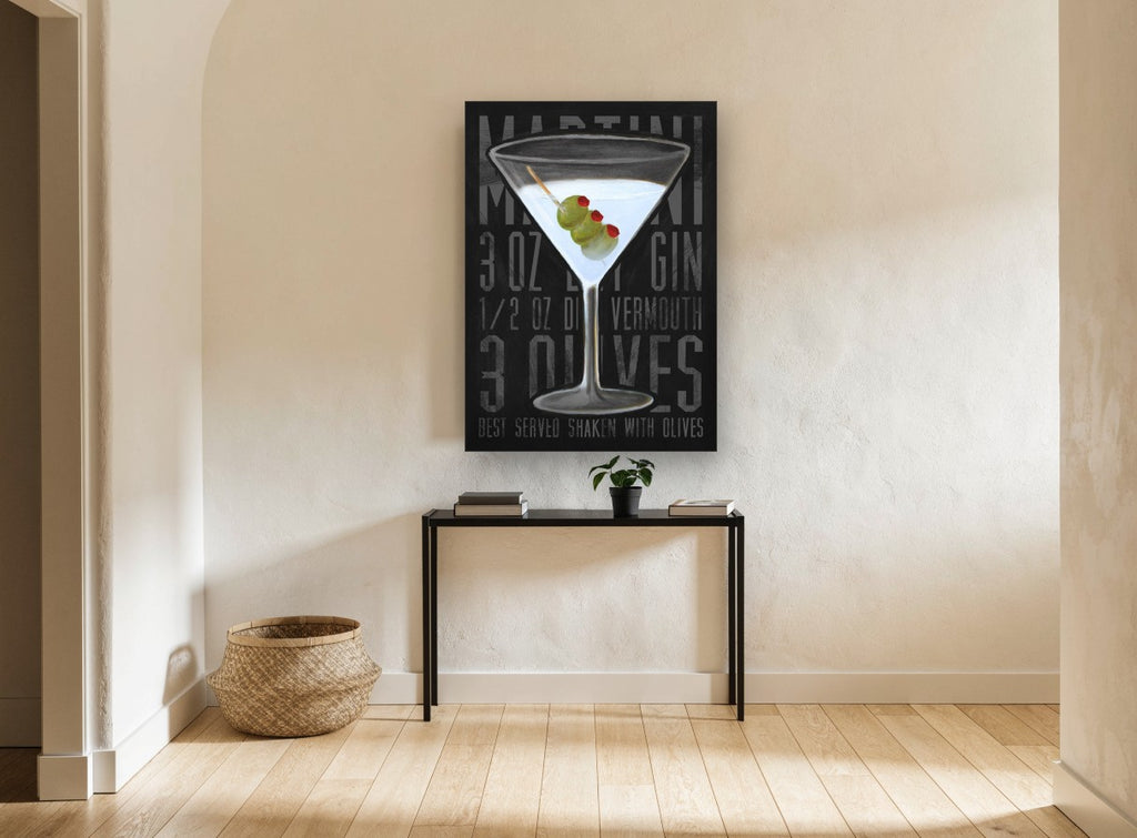 Three Olive Martini vintage canvas print on the wall of a hallway