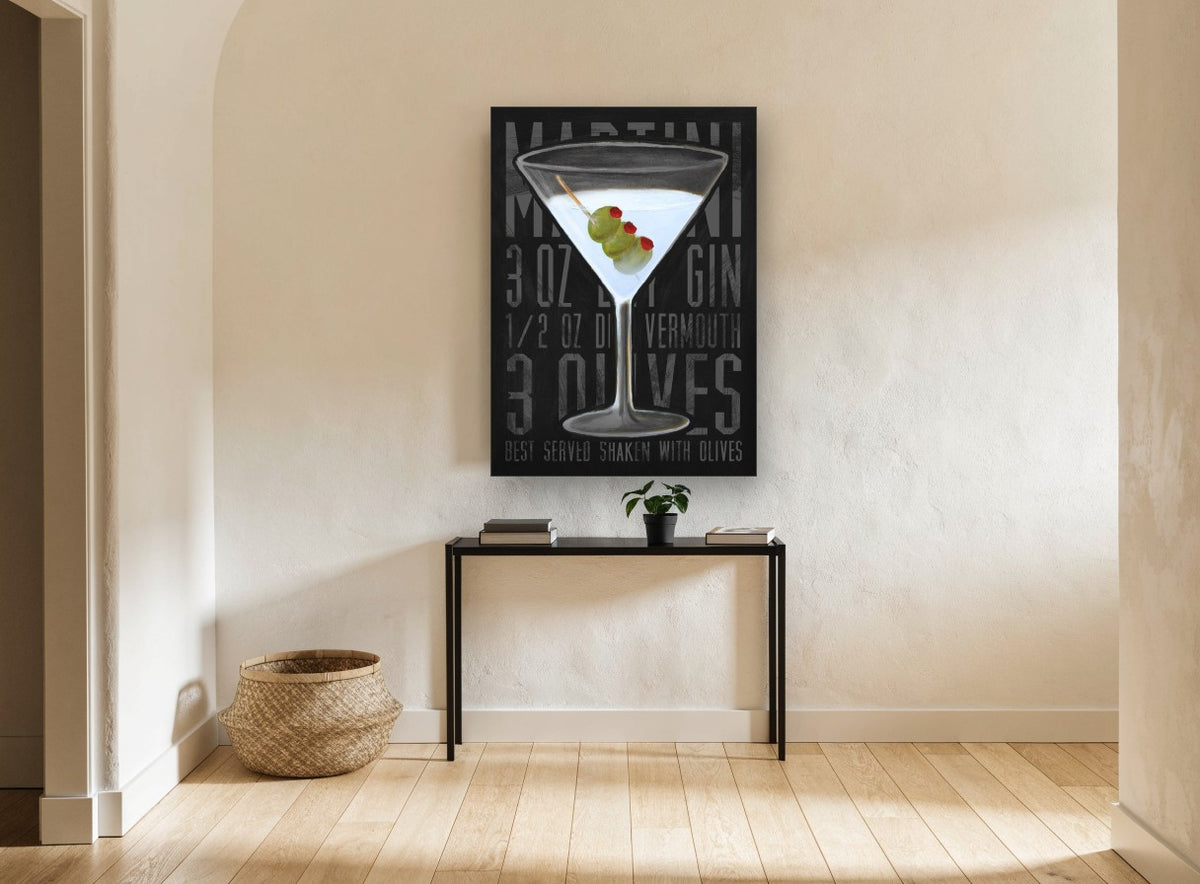Three Olive Martini vintage canvas print on the wall of a hallway