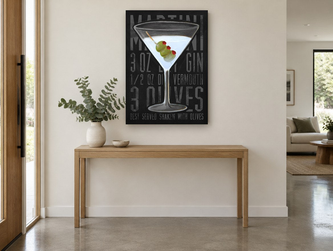 Three Olive Martini vintage canvas print on the wall of a entry hall