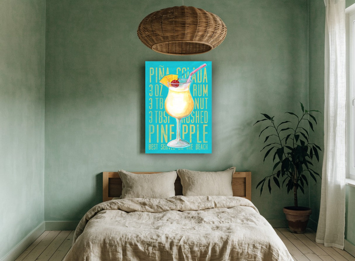Piña Colada Beach Recipe vintage canvas print on the wall of a bedroom