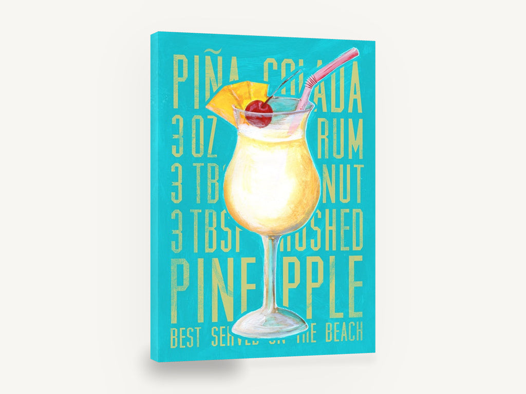 Piña Colada Beach Recipe, retro pina colada cocktail recipe poster, stretched canvas wall art print ready to hang