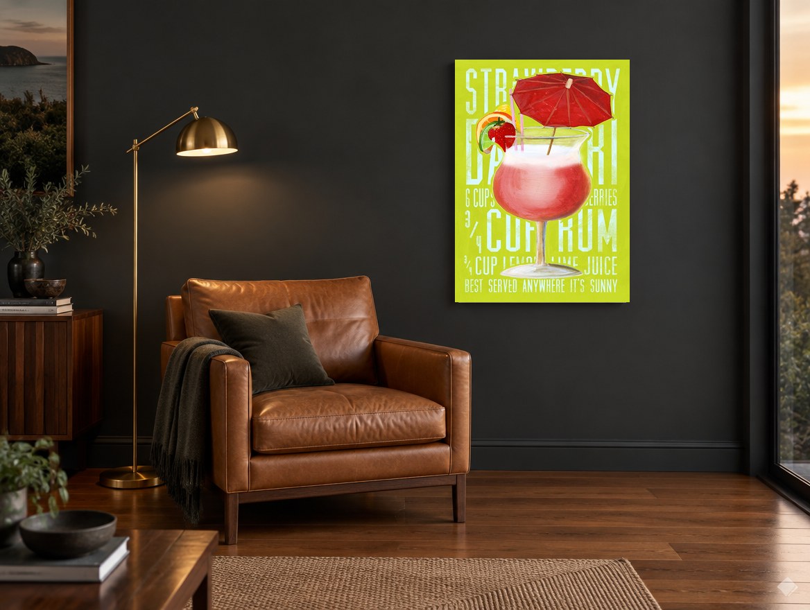 Strawberry Daiquiri Sunshine vintage canvas print on the wall of a charcoal living room