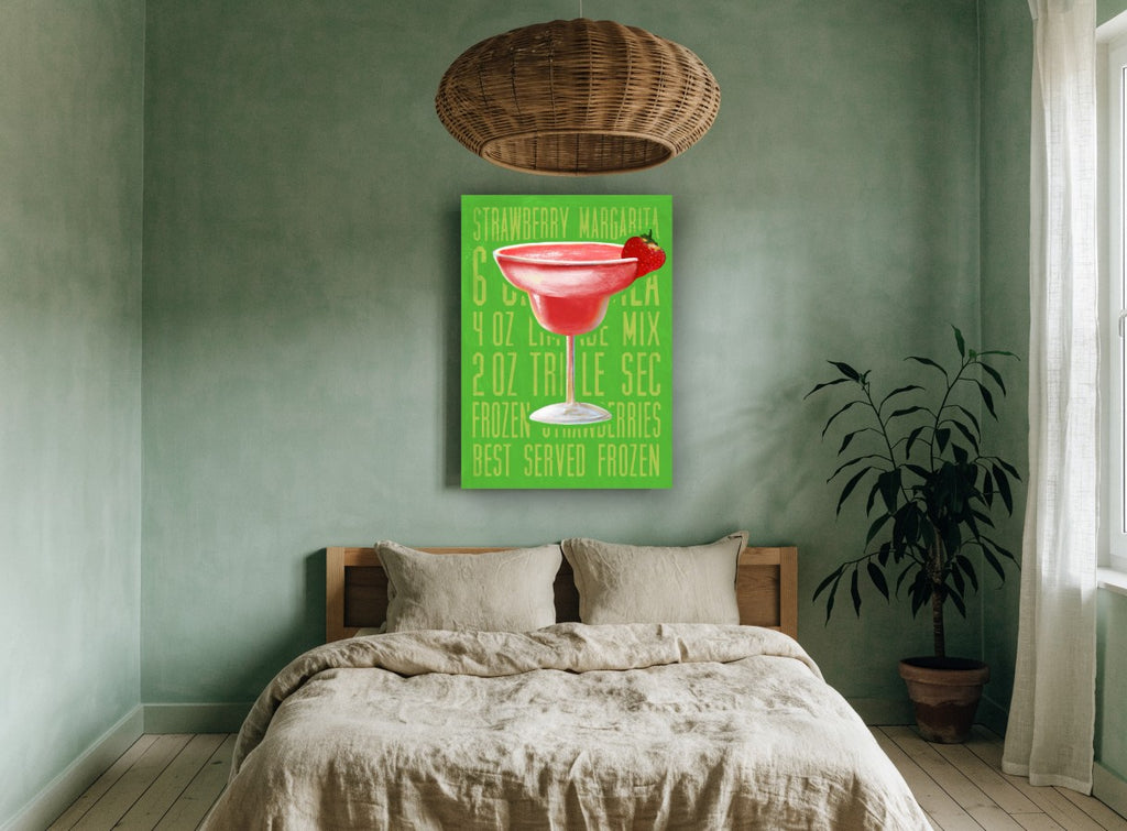 Frozen Strawberry Margarita vintage canvas print on the wall of a bedroom