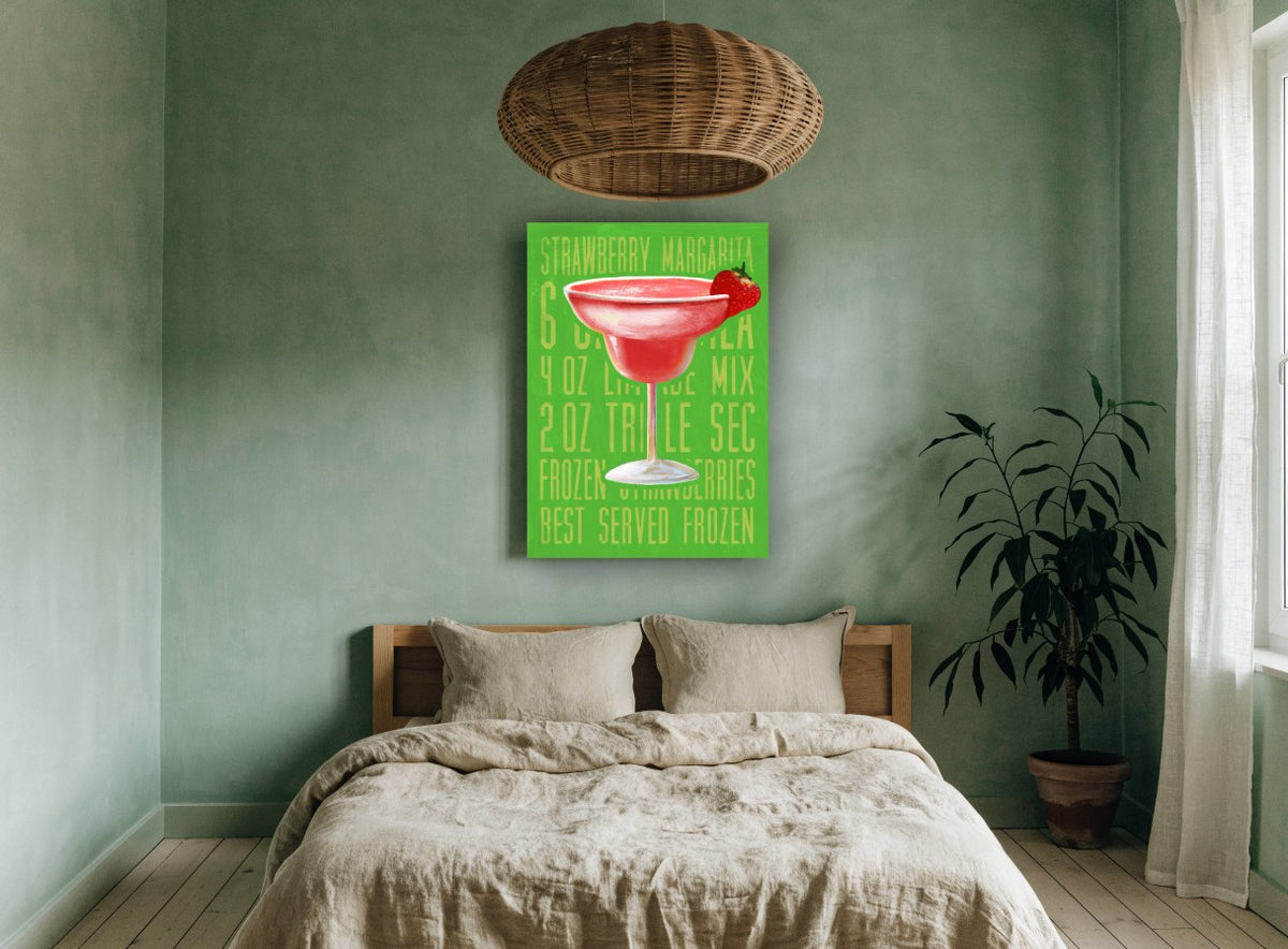 Frozen Strawberry Margarita vintage canvas print on the wall of a bedroom