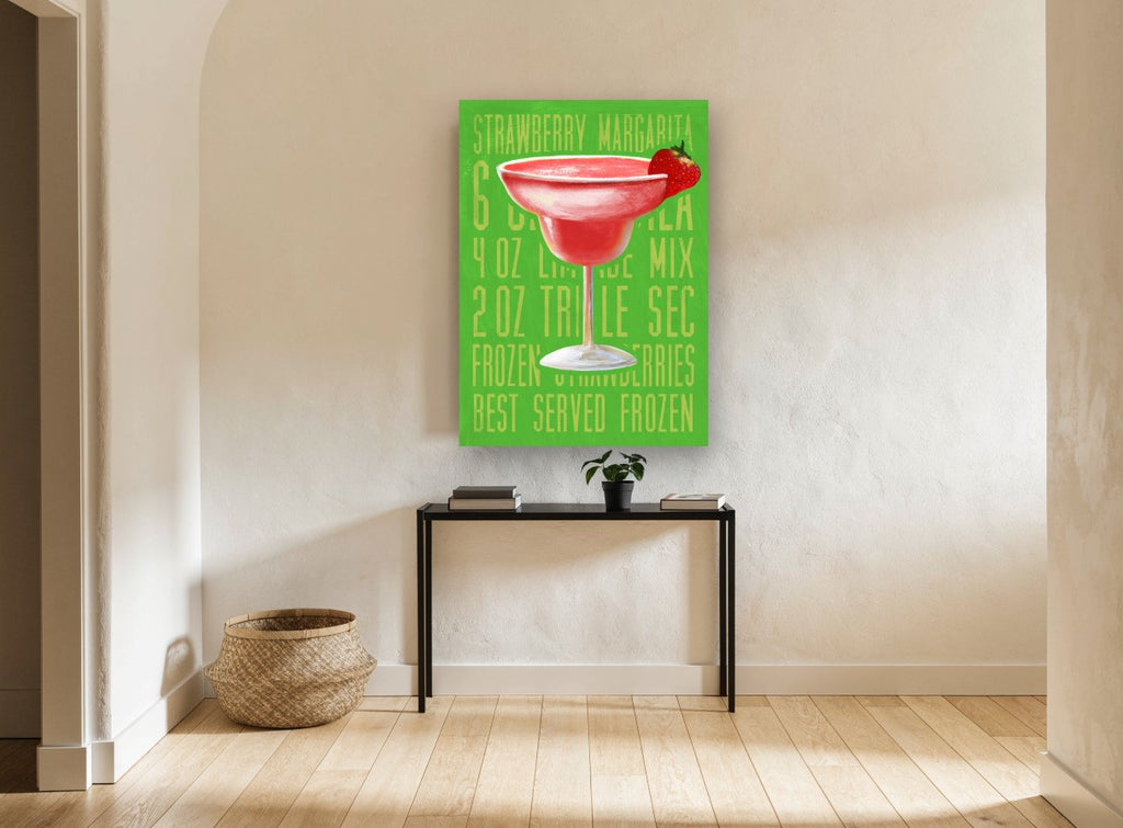 Frozen Strawberry Margarita vintage canvas print on the wall of a hallway