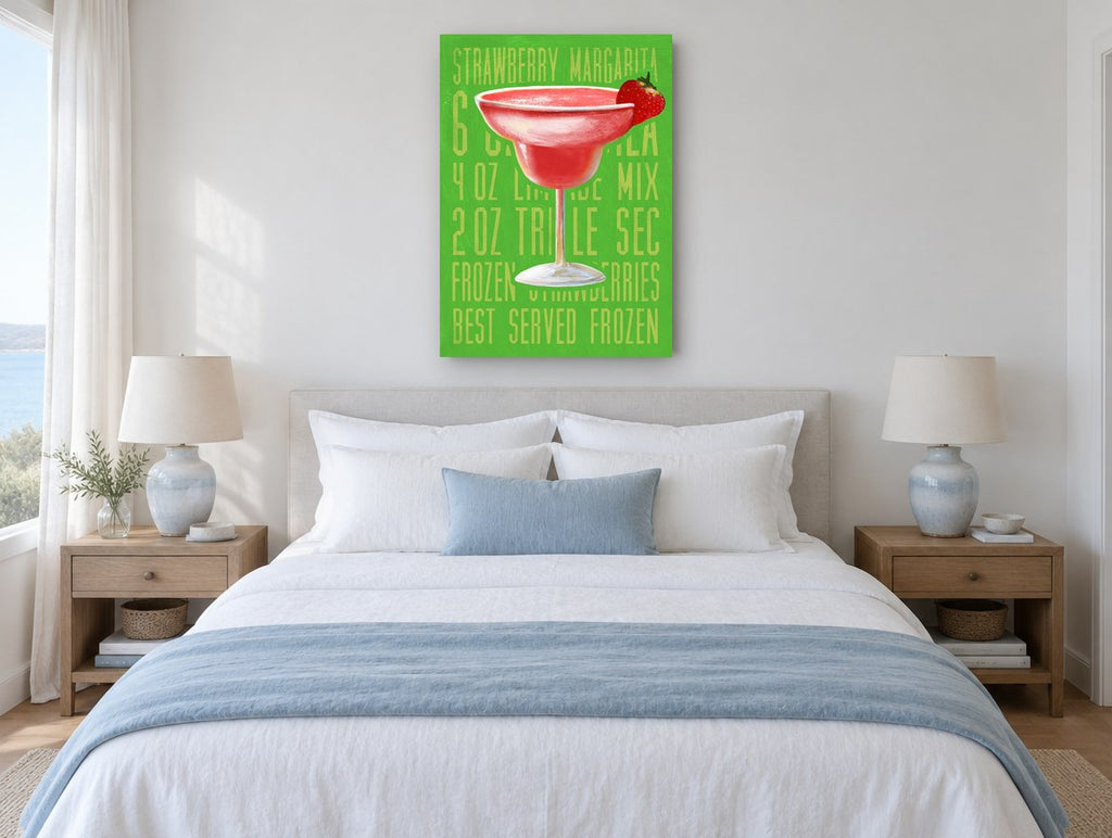 Frozen Strawberry Margarita vintage canvas print on the wall of a coastal bedroom