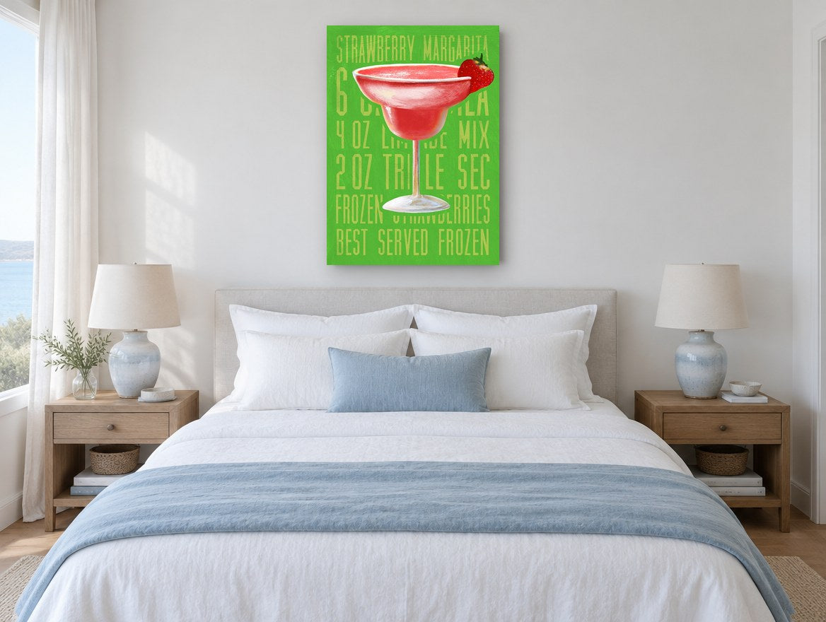 Frozen Strawberry Margarita vintage canvas print on the wall of a coastal bedroom
