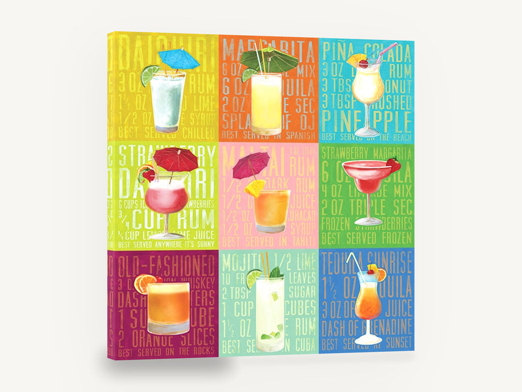 Tropical Cocktail Grid, tropical cocktail recipes typography bar, kitchen canvas wall art print ready to hang